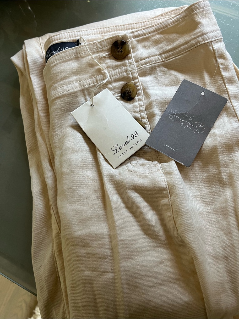 Anthropologie Level 99 Women's Ivory Solid Flat Front Button Front Pants 30 NWT!